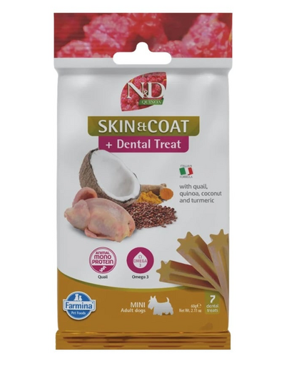 FARMINA N&D Quinoa Dental Treat Skin Coat Quail Mini 60 g baton dentar caini de talie mica, cu prepelita