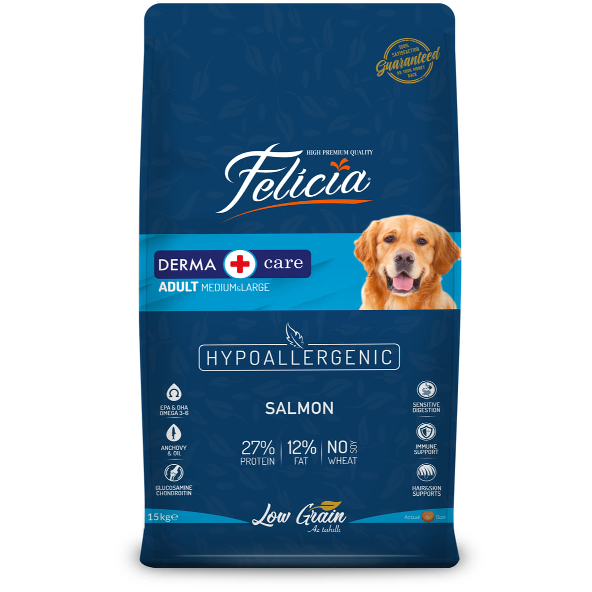 FELICIA Derma Care Adult Medium & Large, M-XL, Somon, hrană uscată conținut redus cereale câini, alergii, 15kg - poza 2