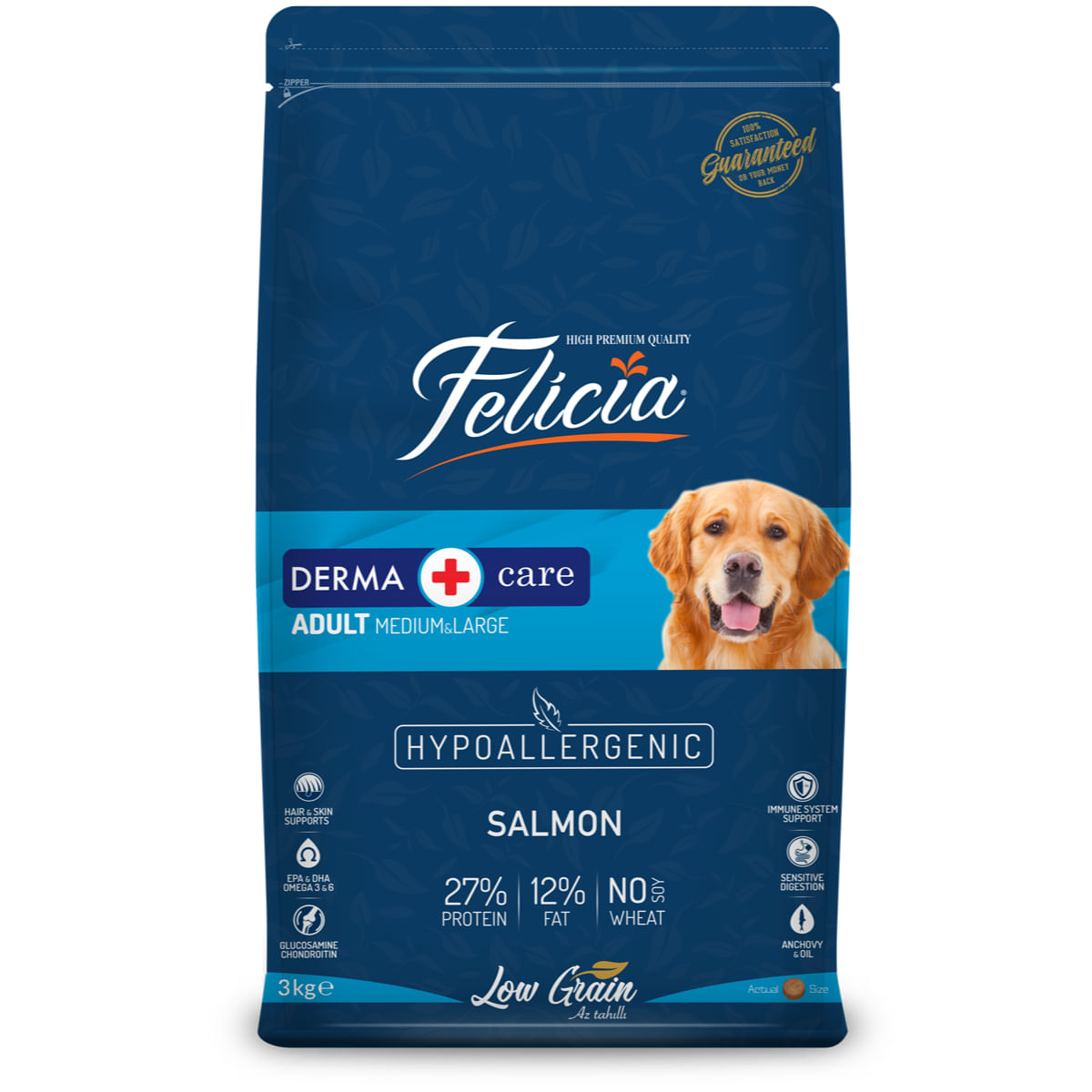 FELICIA Derma Care Adult Medium & Large, M-XL, Somon, hrană uscată conținut redus cereale câini, alergii, 15kg - poza 3