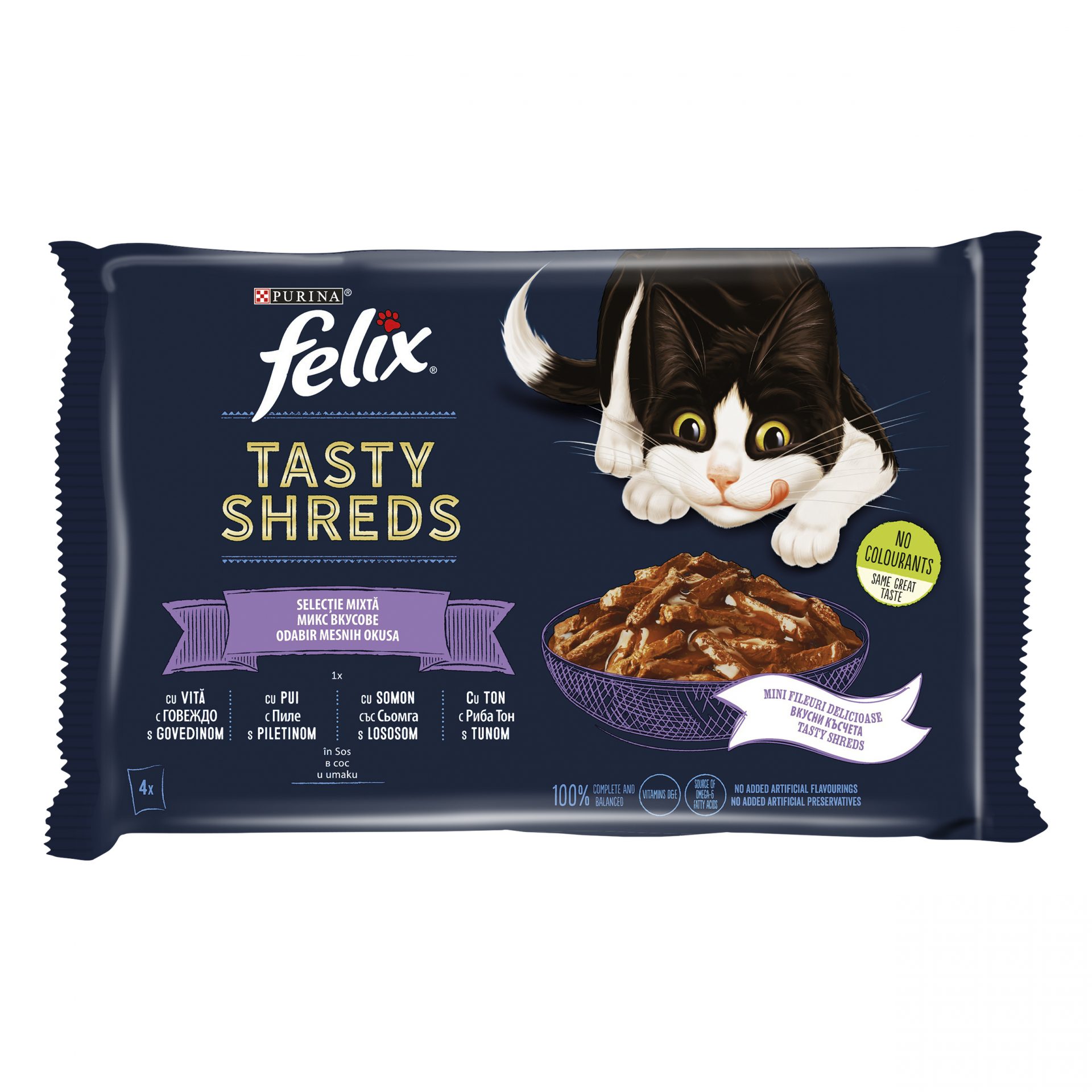 Felix Tasty Shreds Plic Selectie Mixta Vita/Pui/Somon/Ton 4×80 g