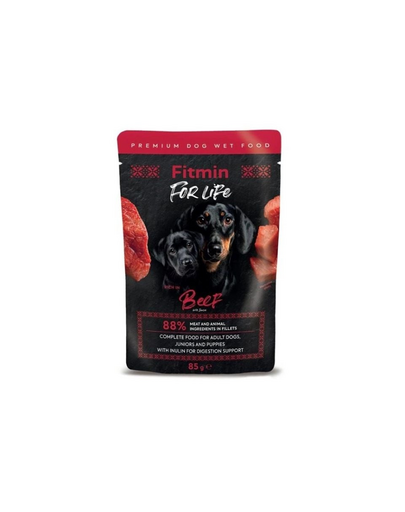 FITMIN For Life Adult and Puppies Beef bucățele cu vită în sos pentru pui și câini adulți 85 g