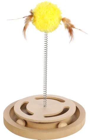 FLAMINGO Jucărie pt pisici Minge de pluş cu pene pe arc, cu bile inter. 28cm