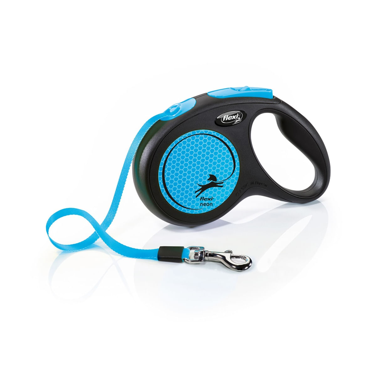 FLEXI Neon, lesă bandă retractabilă câini, reflectorizant, nylon, albastru, M(25kg, 5m)