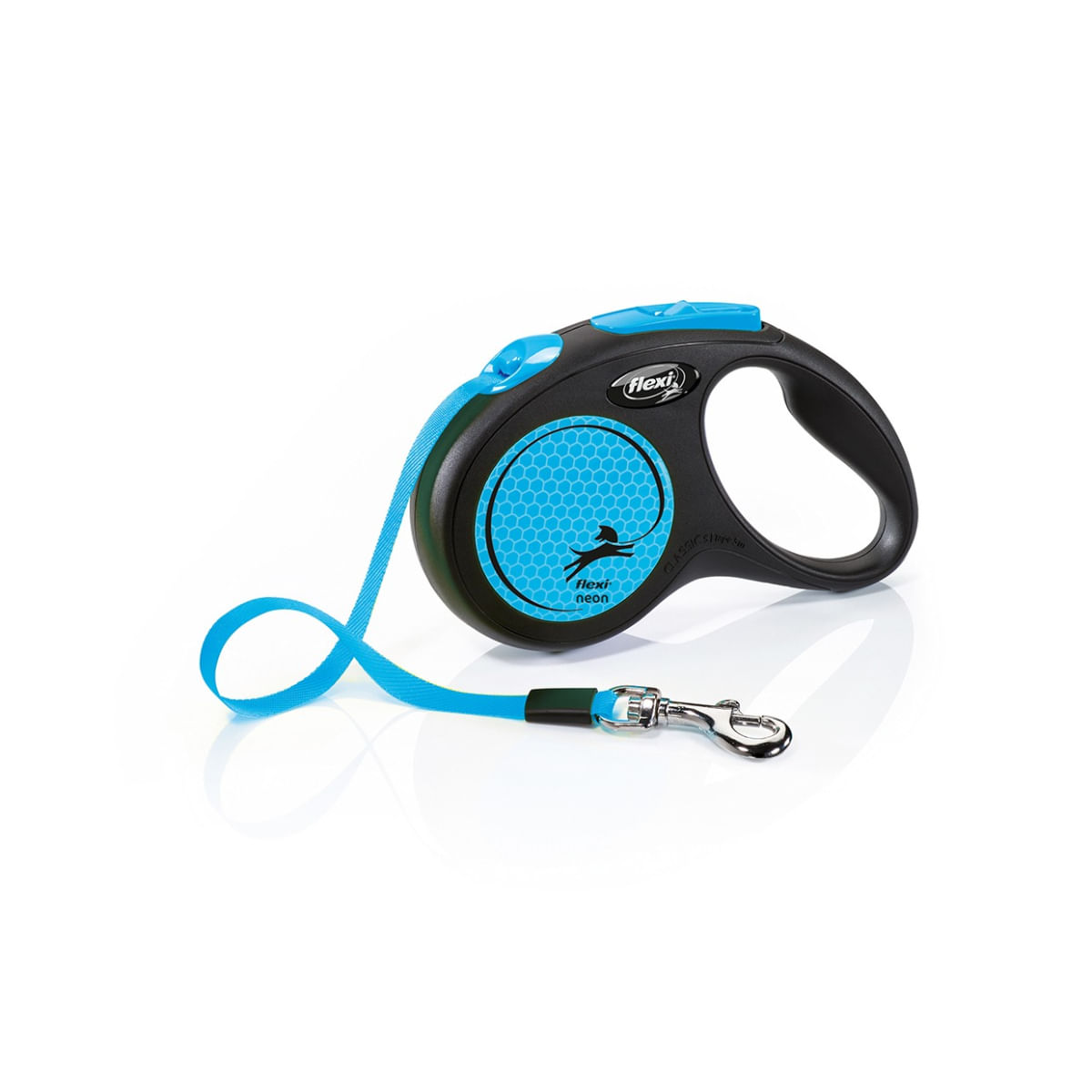FLEXI Neon, lesă bandă retractabilă câini, reflectorizant, nylon, albastru, S(15kg, 5m) - poza 1