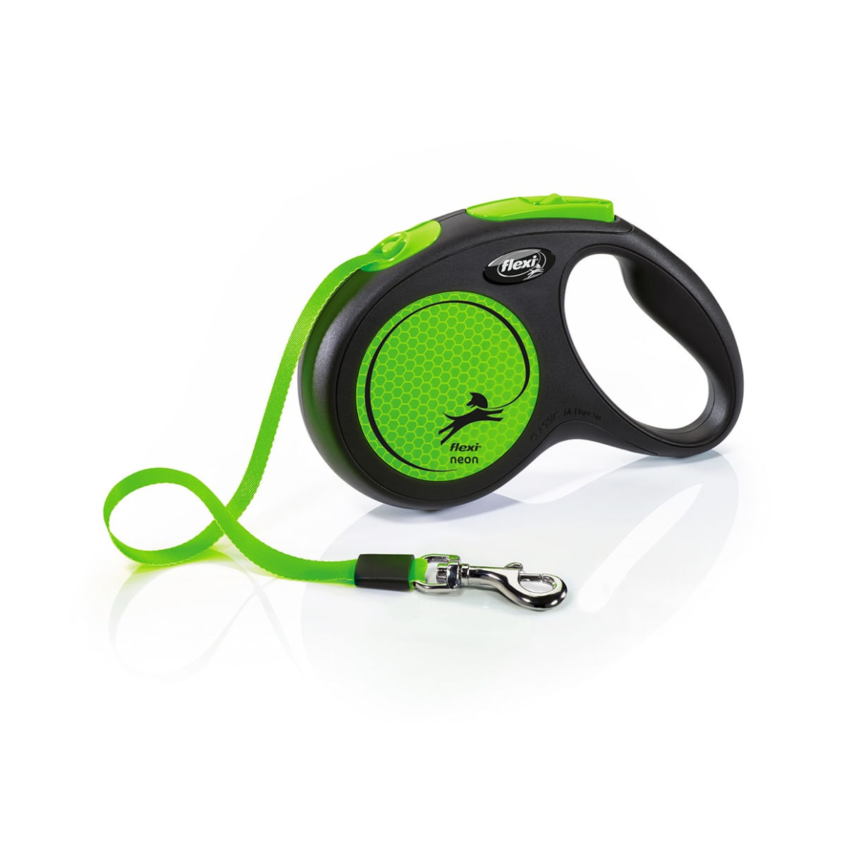 FLEXI Neon, lesă bandă retractabilă câini, reflectorizant, nylon, verde, M(25kg, 5m) - poza 1
