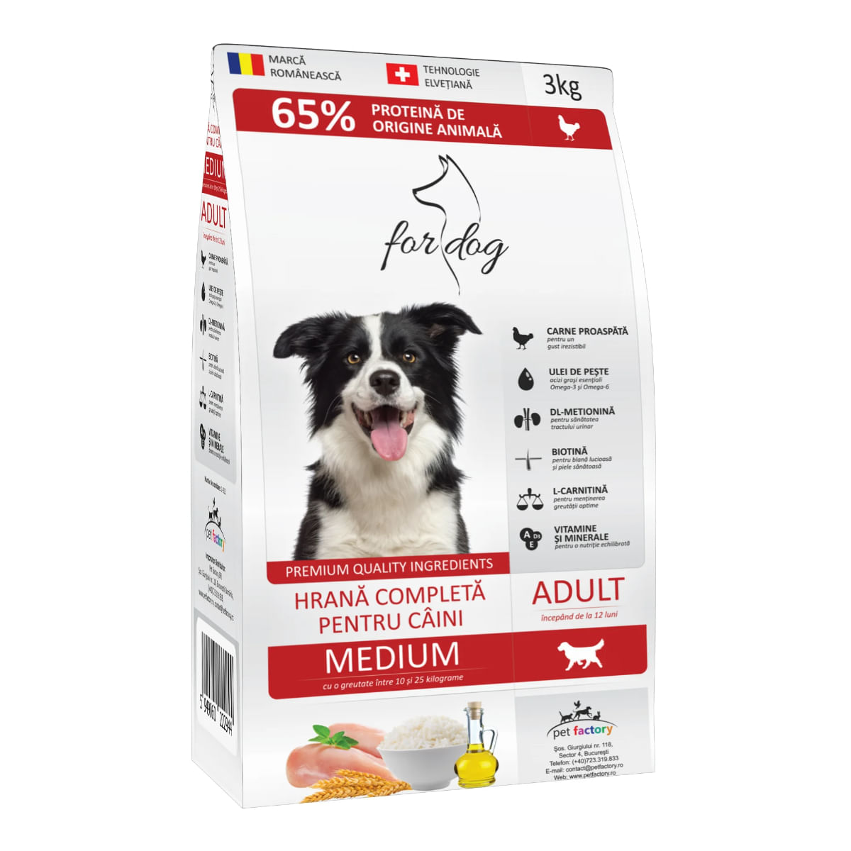 FOR DOG Adult Medium, M, Pasăre, hrană uscată câini, 3kg - poza 1