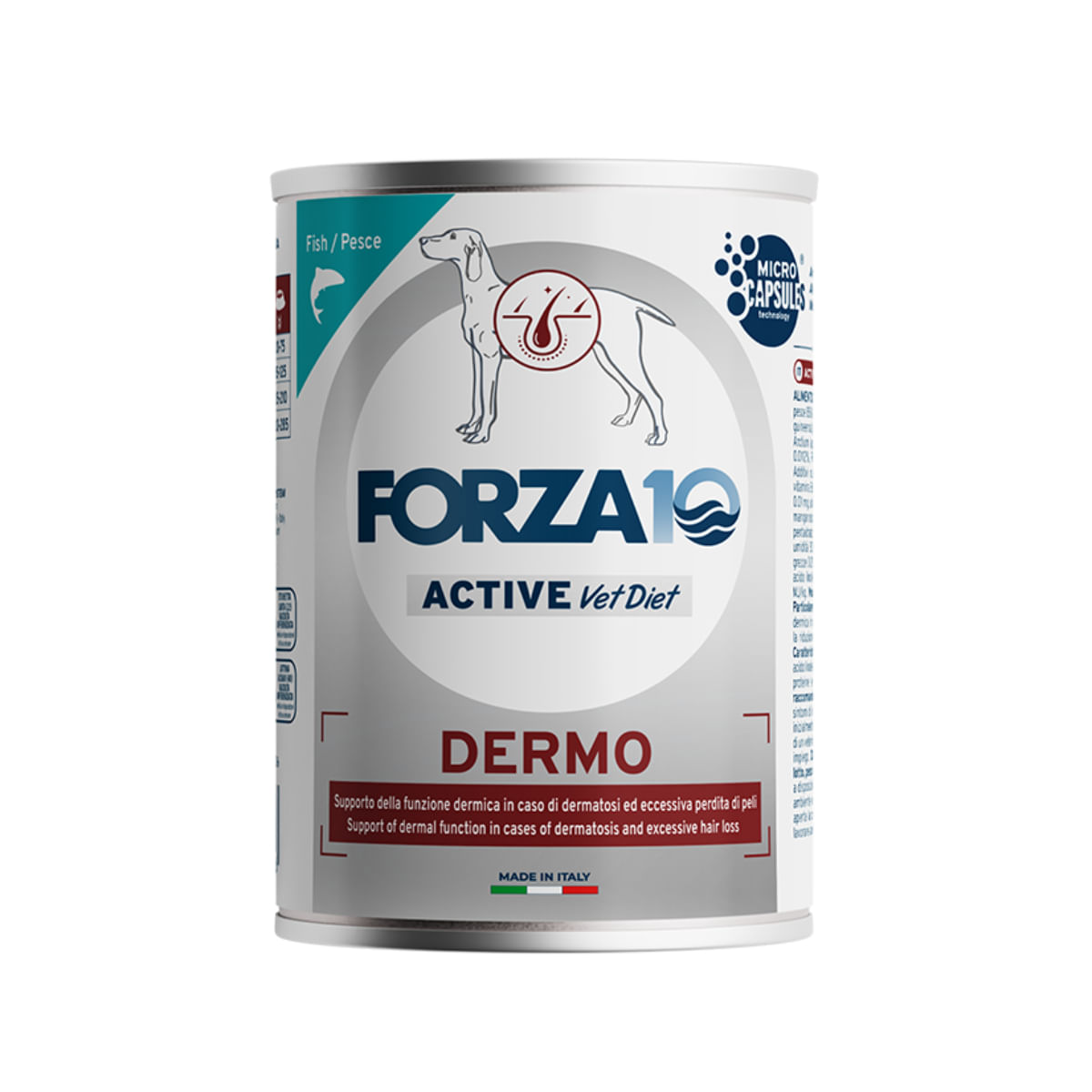 FORZA10 Active VetDiet Dermo, XS-XL, Pește, dietă veterinară, conservă hrană umedă monoproteică fără cereale câini, piele & blană, (pate), 390g - poza 2