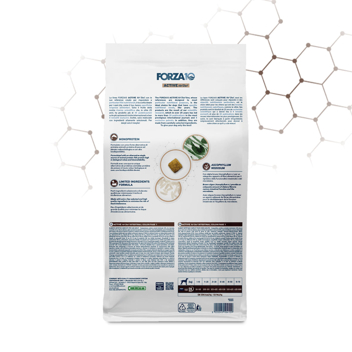 FORZA10 Active VetDiet Intestinal Colon Fase 1, XS-XL, Pește, dietă veterinară, hrană uscată monoproteică câini, sistem digestiv, 10kg - poza 3