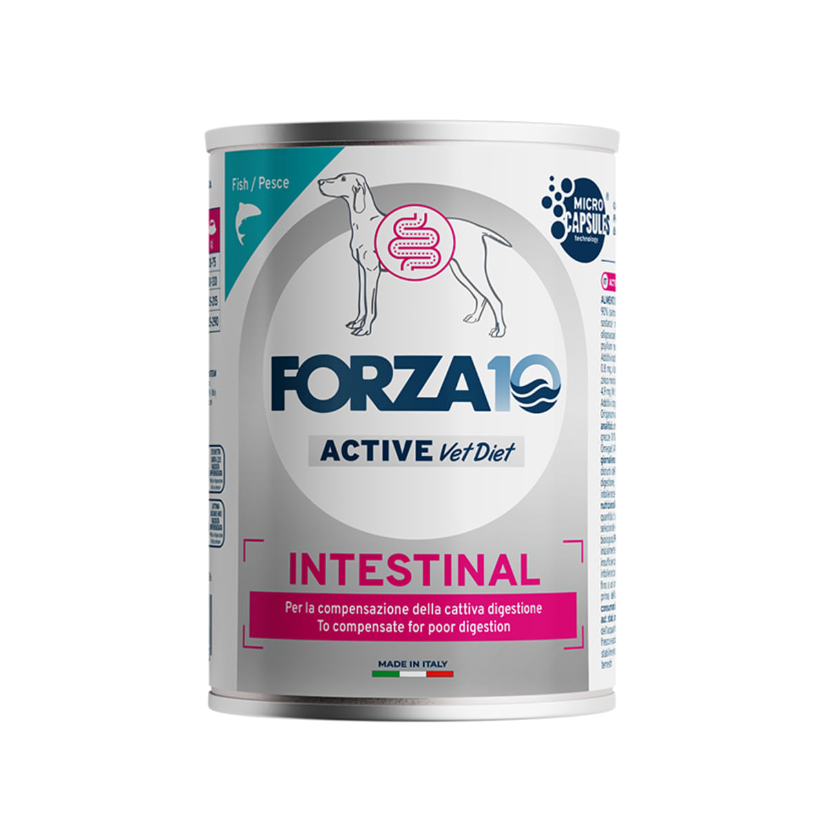 FORZA10 Active VetDiet Intestinal, XS-XL, Pește, dietă veterinară, conservă hrană umedă câini, sistem digestiv, (pate), 390g - poza 2