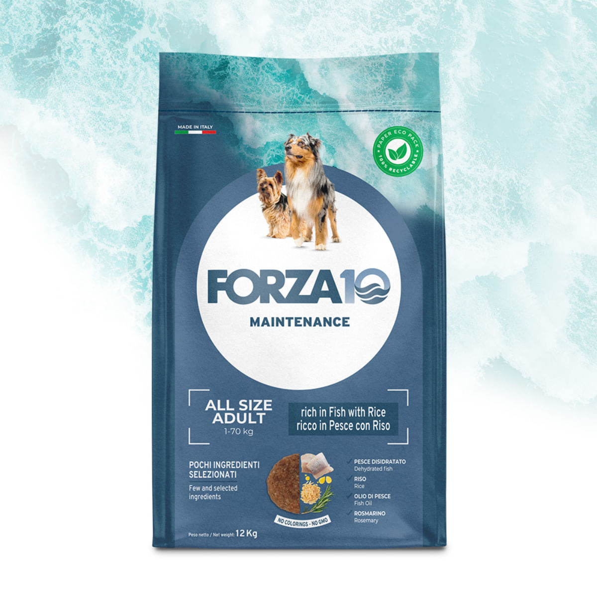 FORZA10 Maintenance, XS-XL, Pește și Orez, hrană uscată câini, 12kg