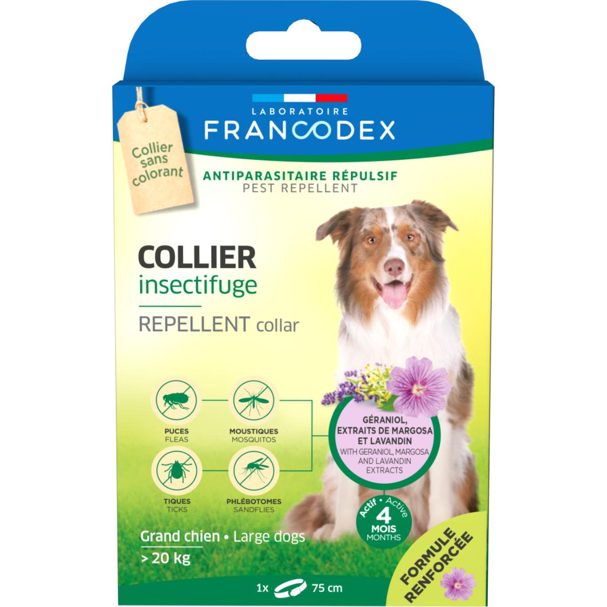 FRANCODEX, deparazitare externă naturală câini, zgardă repelentă FRANCODEX, deparazitare externă naturală câini, L-XL(>20kg), zgardă repelentă, 75 cm, gri, 1buc - poza 2