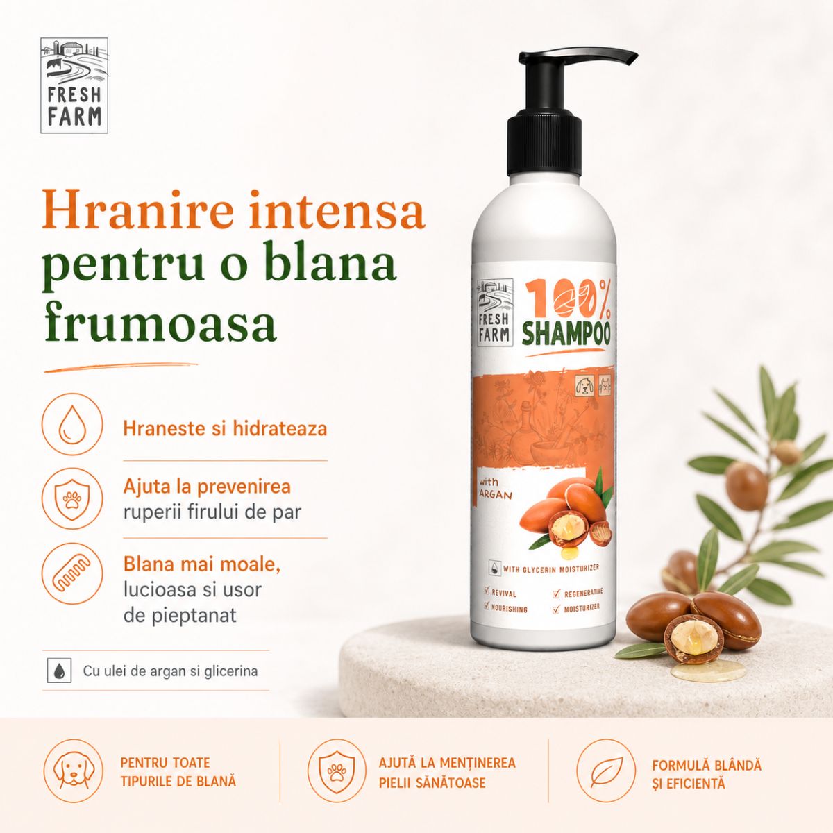 FRESH FARM Argan, XS-XL, șampon câini, flacon, 250ml - poza 3