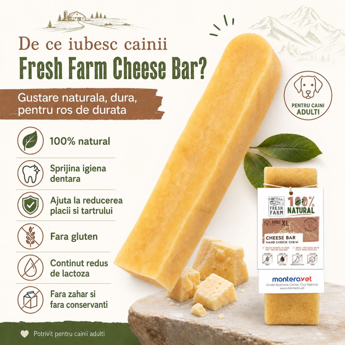 FRESH FARM Cheese Bar Treats Extra Large Dogs, XL, Brânză, recompense fără cereale câini, 140g - poza 3