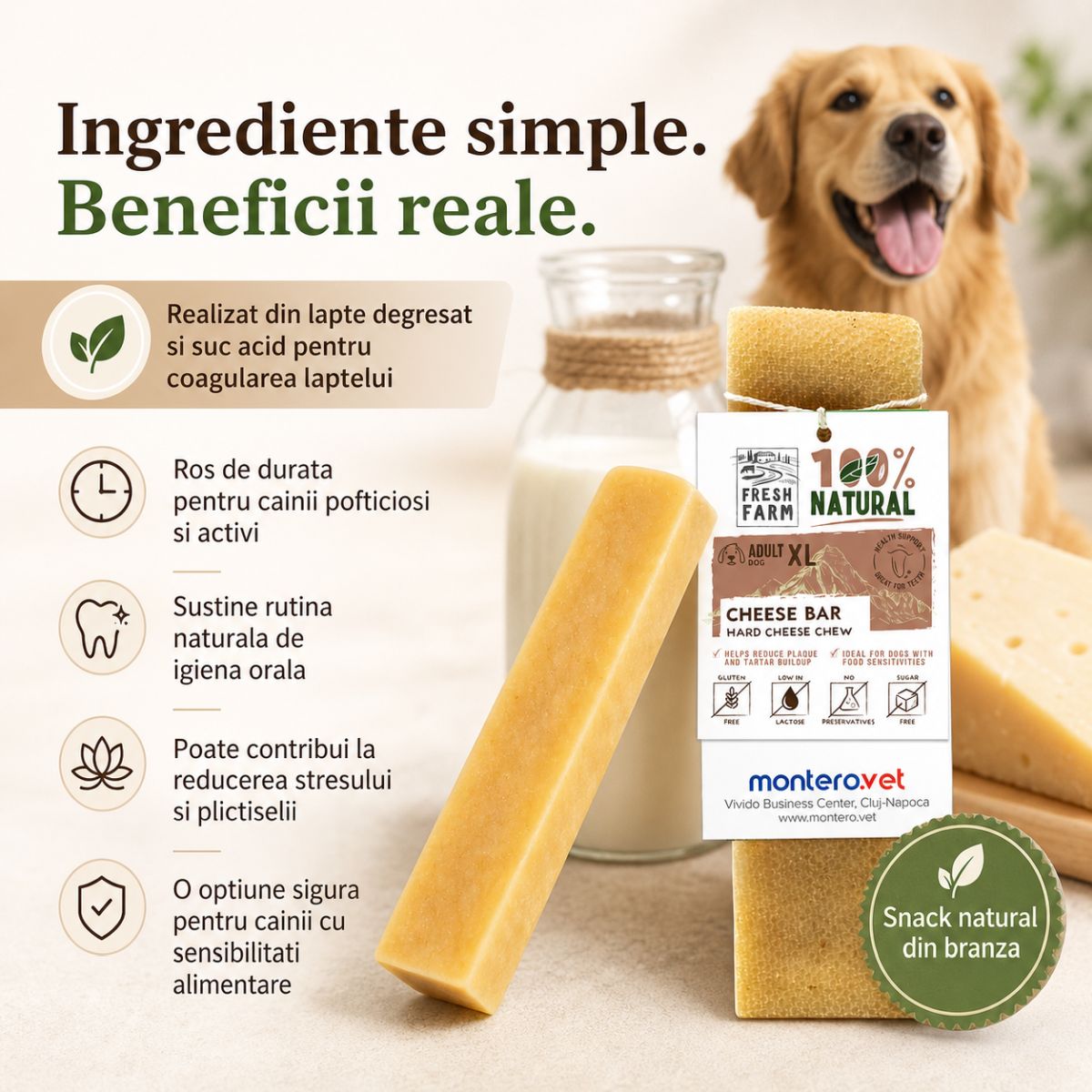 FRESH FARM Cheese Bar Treats Large Dogs, L, Brânză, recompense fără cereale câini, 100g - poza 5