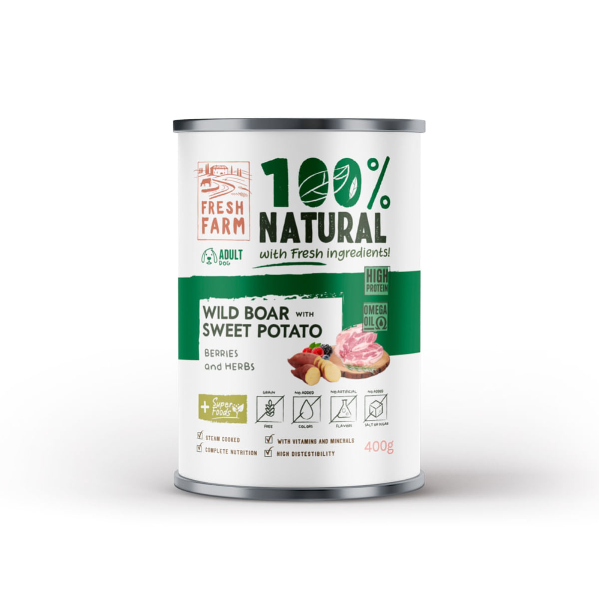 FRESH FARM Coarse, XS-XL, Mistreț și Cartof Dulce, conservă hrană umedă fără cereale câini, (pate), 400g - poza 1