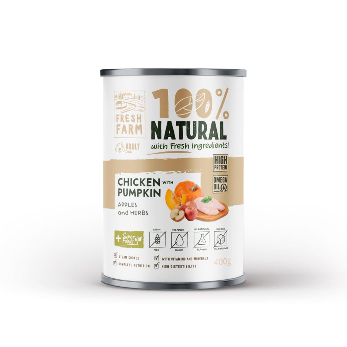 FRESH FARM Coarse, XS-XL, Pui și dovleac, conservă hrană umedă fără cereale câini, (pate), 400g - poza 2