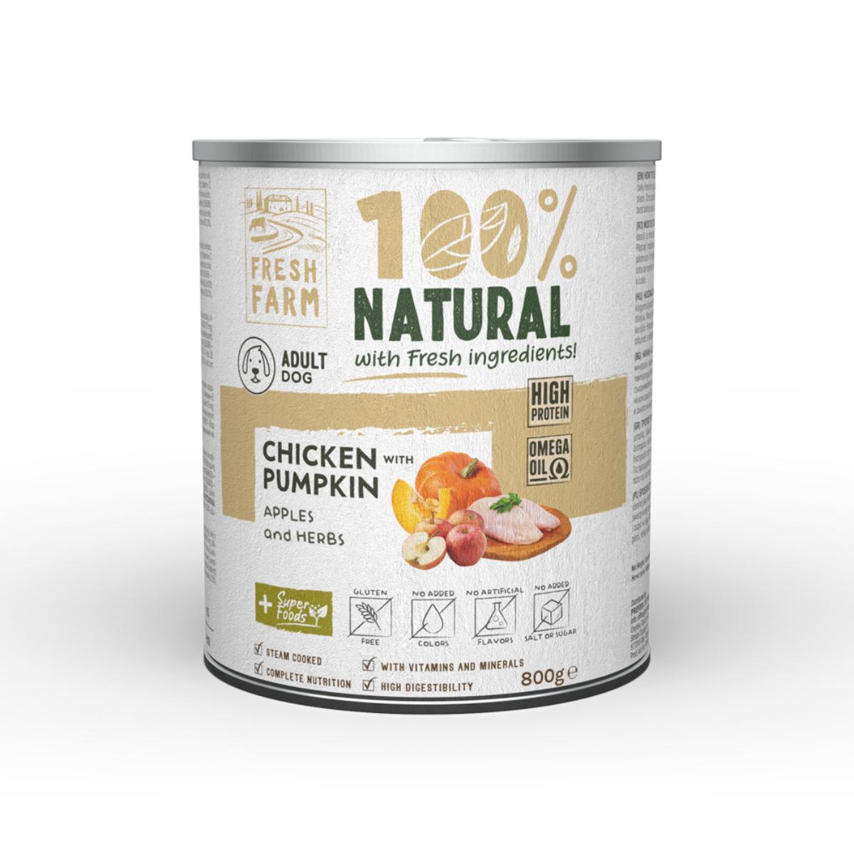 FRESH FARM Coarse, XS-XL, Pui și dovleac, conservă hrană umedă fără cereale câini, (pate), 800g - poza 2