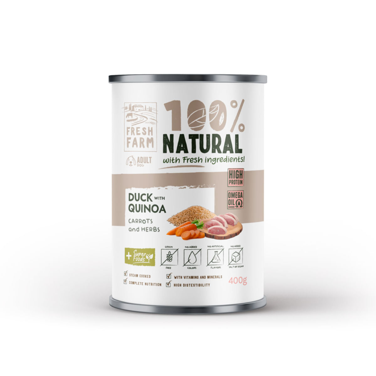 FRESH FARM Coarse, XS-XL, Rață și Quinoa, conservă hrană umedă fără cereale câini, (pate), 400g - poza 1