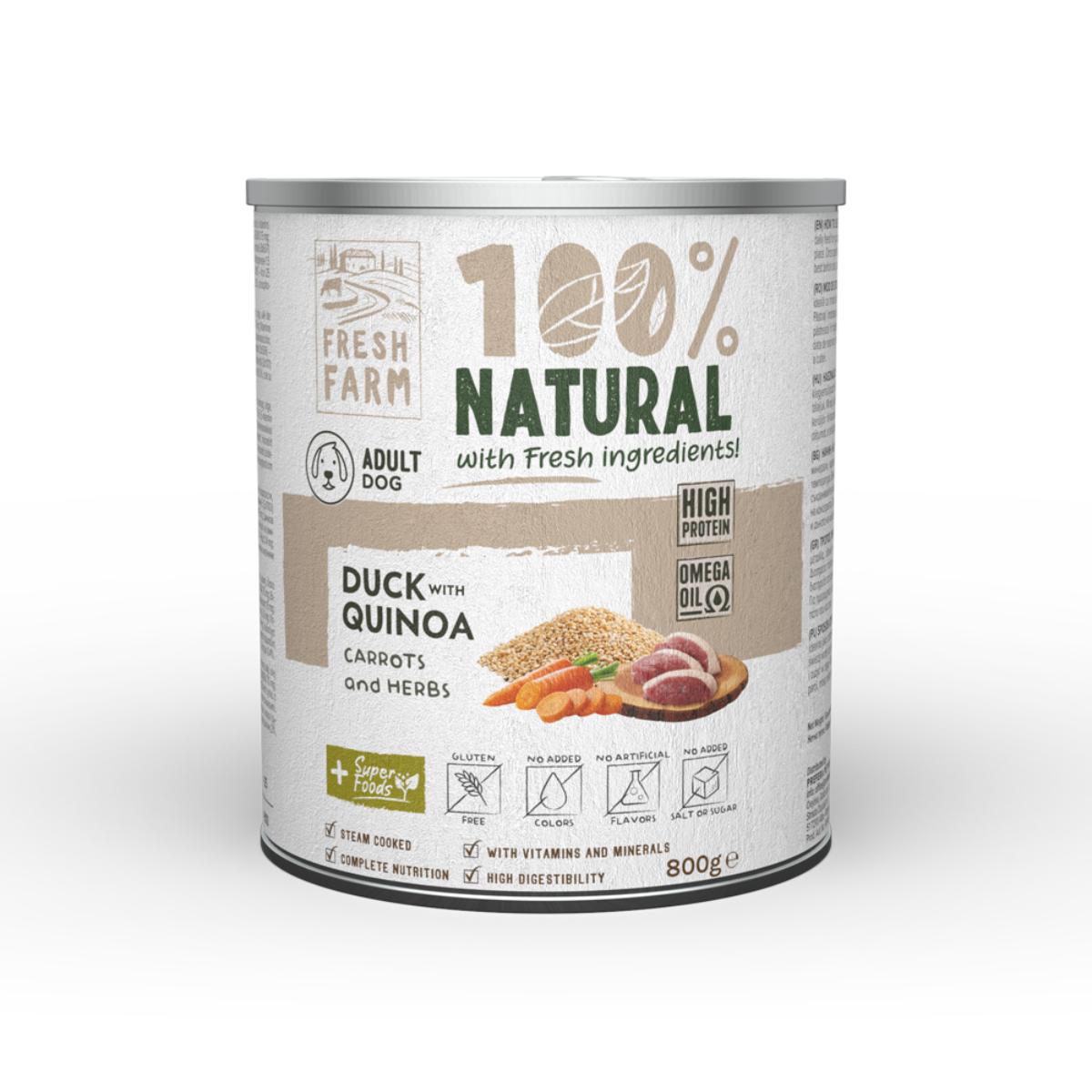 FRESH FARM Coarse, XS-XL, Rață și Quinoa, conservă hrană umedă fără cereale câini, (pate), 800g - poza 1