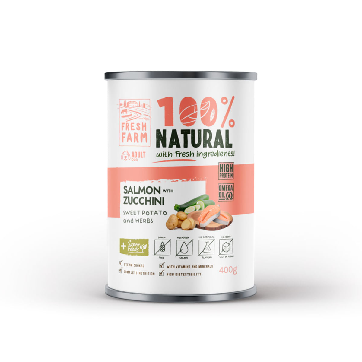 FRESH FARM Coarse XS-XL, Somon și Zucchini, conservă hrană umedă fără cereale câini, (pate), 400g - poza 2