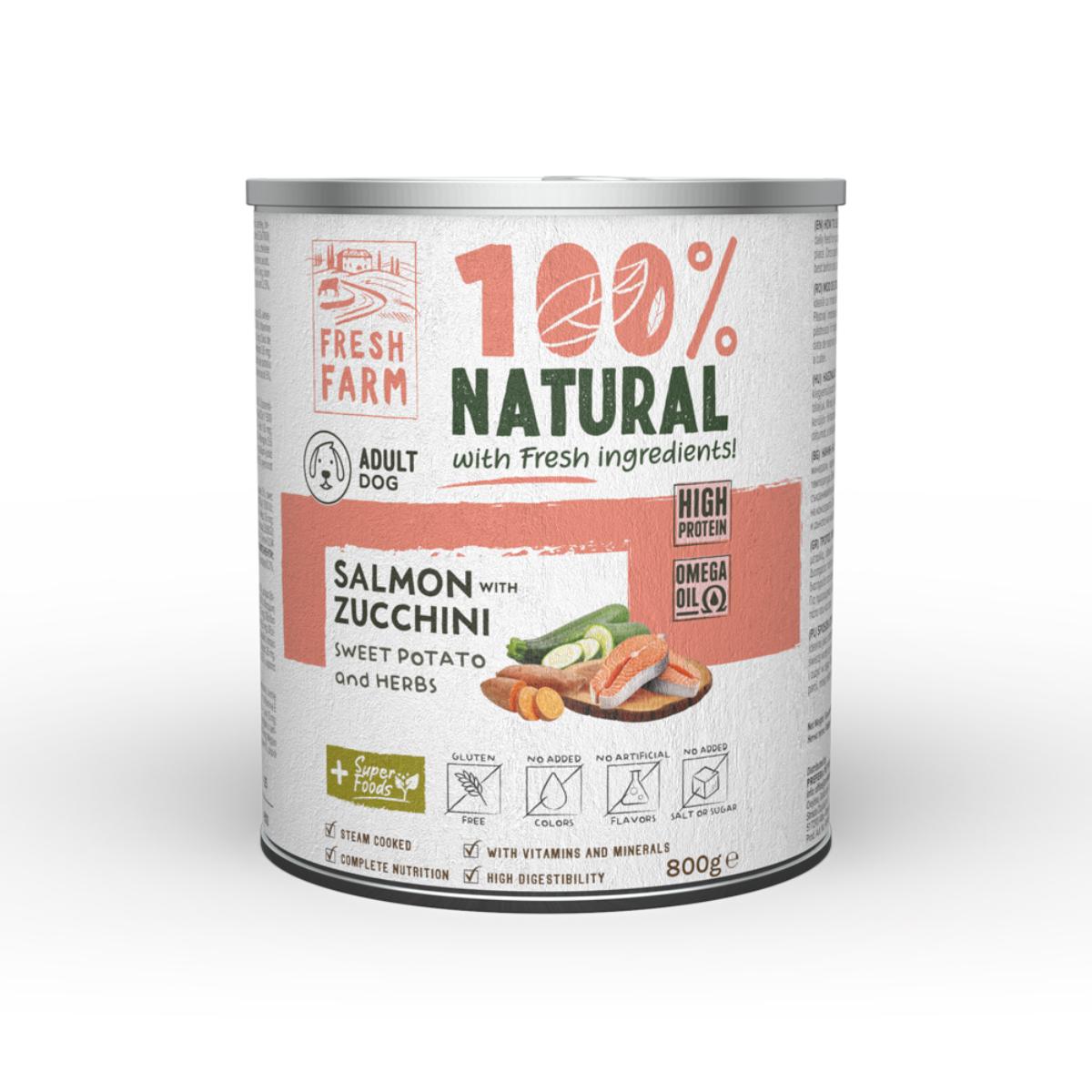 FRESH FARM Coarse XS-XL, Somon și Zucchini, conservă hrană umedă fără cereale câini, (pate), 800g - poza 2