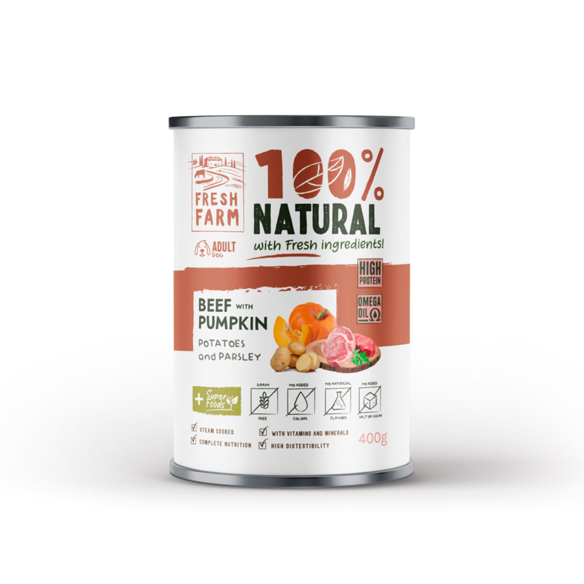 FRESH FARM Coarse, XS-XL, Vită și dovleac, conservă hrană umedă fără cereale câini, (pate), 400g - poza 2