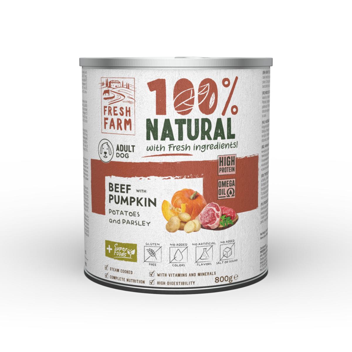 FRESH FARM Coarse, XS-XL, Vită și dovleac, conservă hrană umedă fără cereale câini, (pate), 800g - poza 2