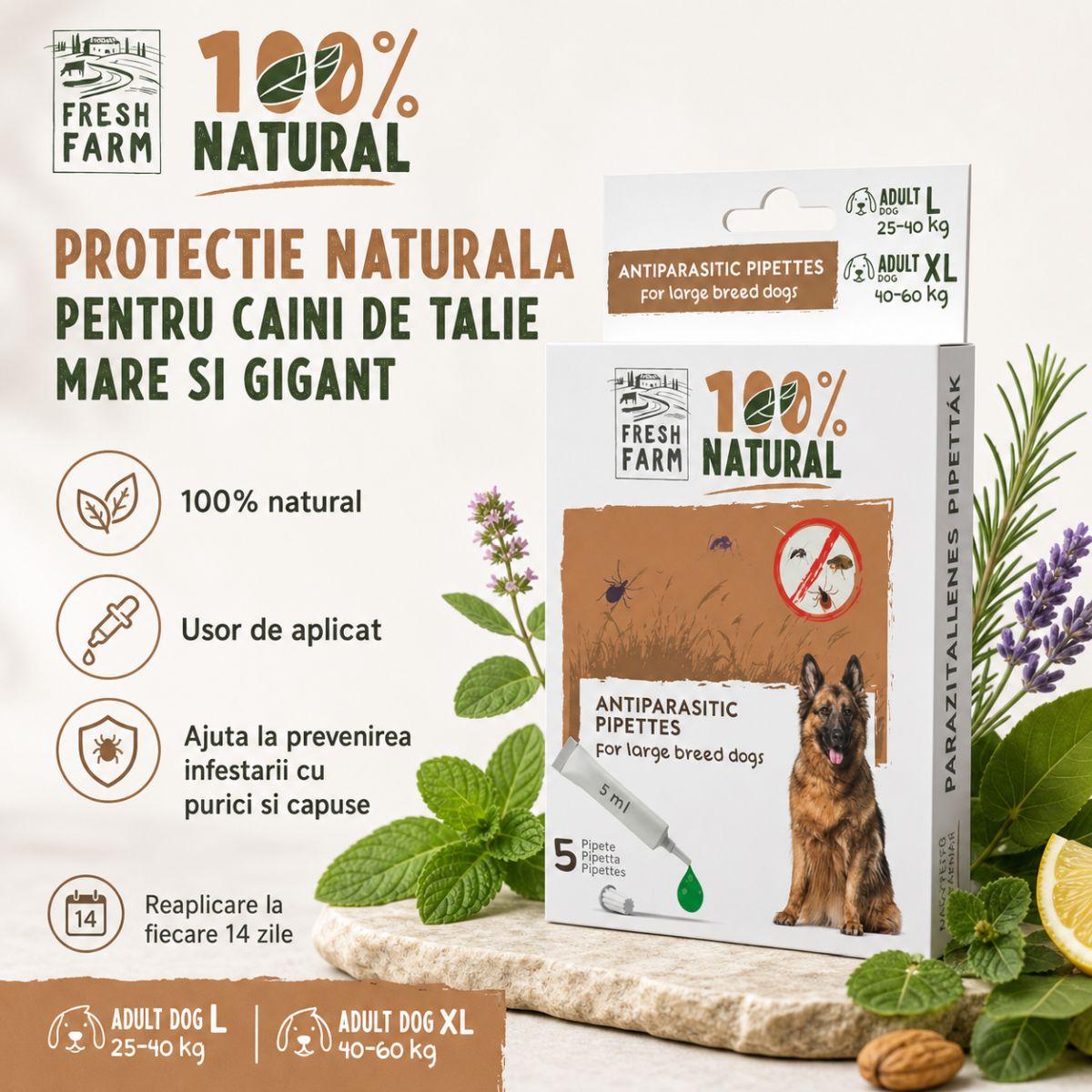 FRESH FARM, deparazitare externă naturală câini, pipetă repelentă FRESH FARM, deparazitare externă naturală câini, L-XL, pipetă repelentă, 5ml x 5buc - poza 3