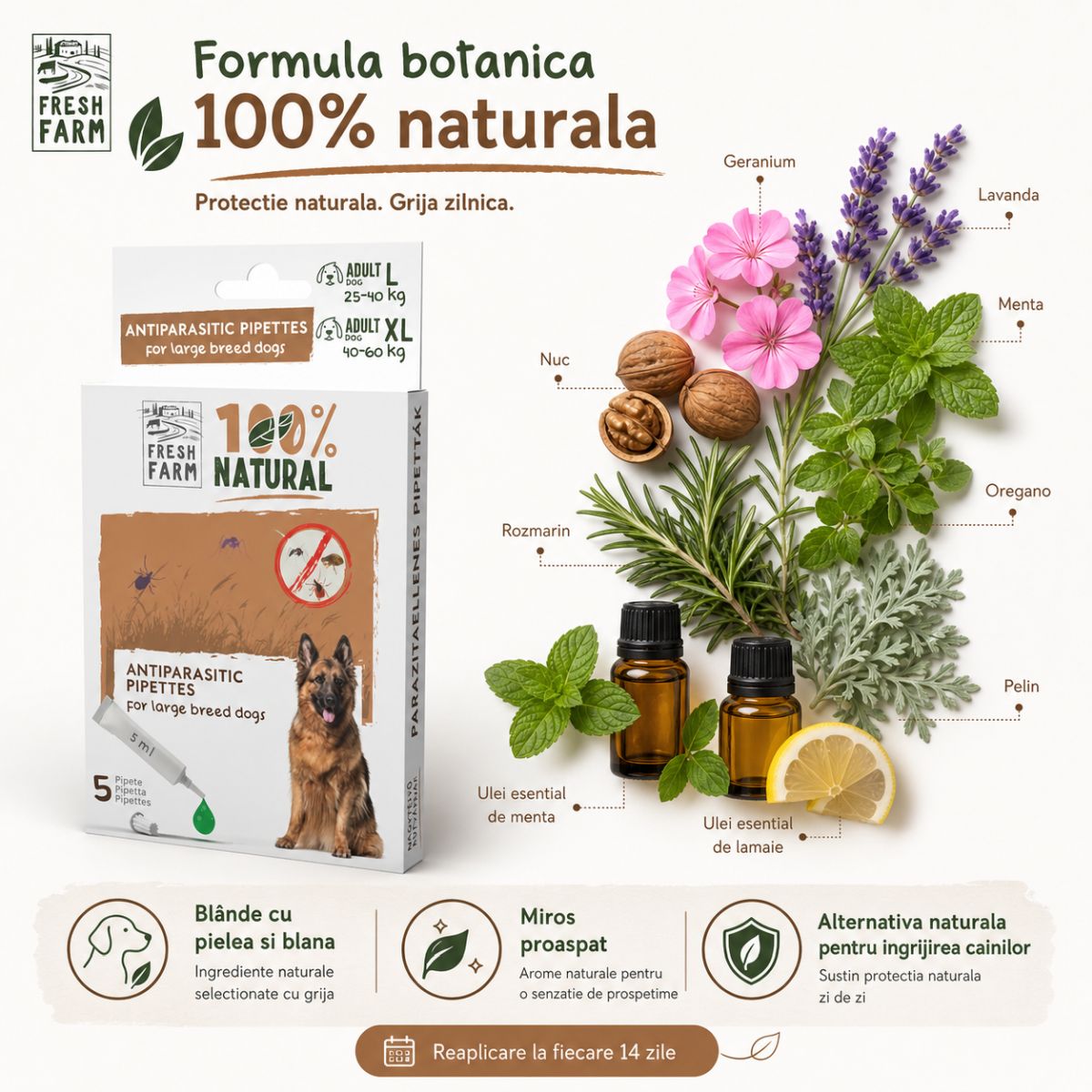 FRESH FARM, deparazitare externă naturală câini, pipetă repelentă FRESH FARM, deparazitare externă naturală câini, L-XL, pipetă repelentă, 5ml x 5buc - poza 4