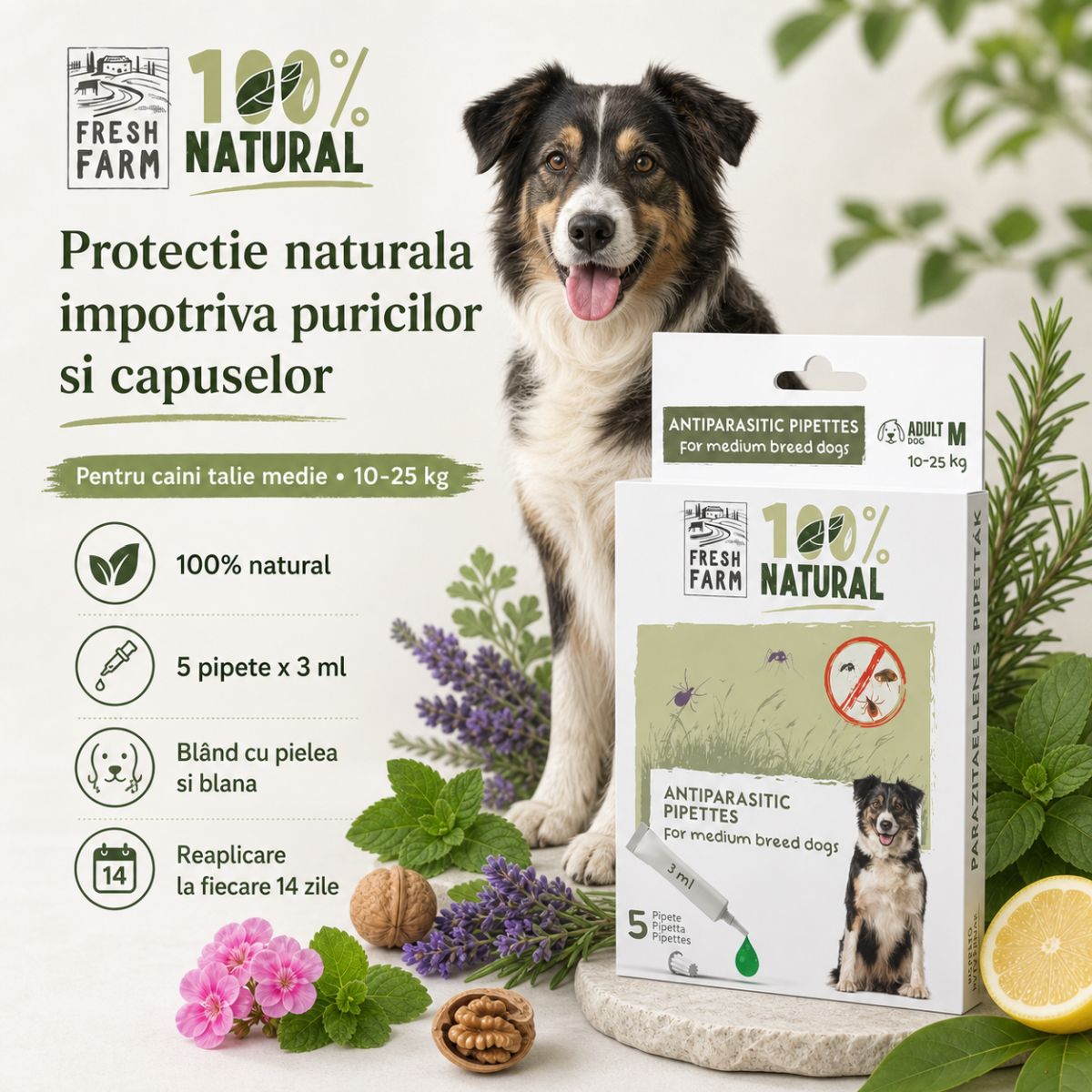 FRESH FARM, deparazitare externă naturală câini, pipetă repelentă FRESH FARM, deparazitare externă naturală câini, M, pipetă repelentă, 3ml x 5buc - poza 3