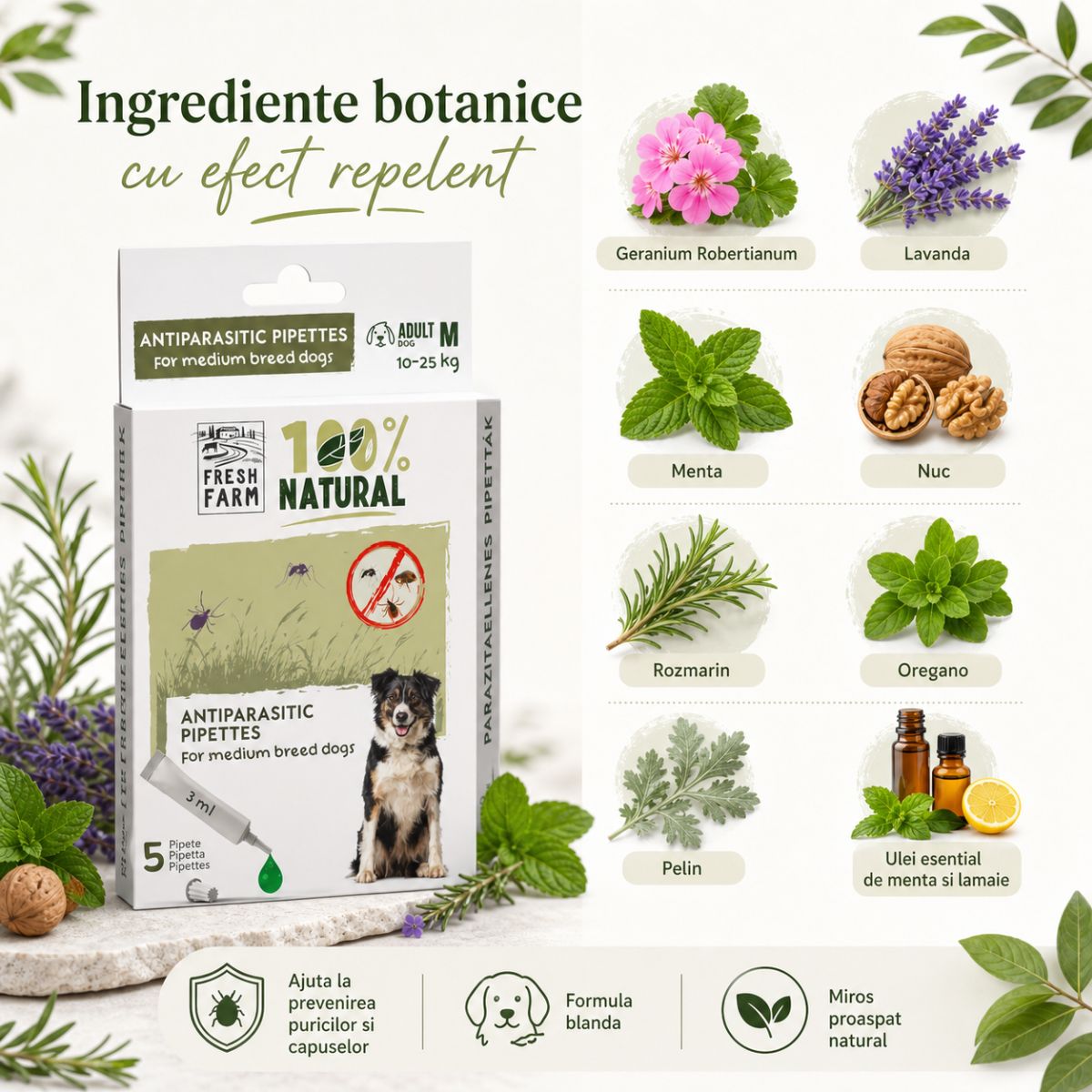 FRESH FARM, deparazitare externă naturală câini, pipetă repelentă FRESH FARM, deparazitare externă naturală câini, M, pipetă repelentă, 3ml x 5buc - poza 4