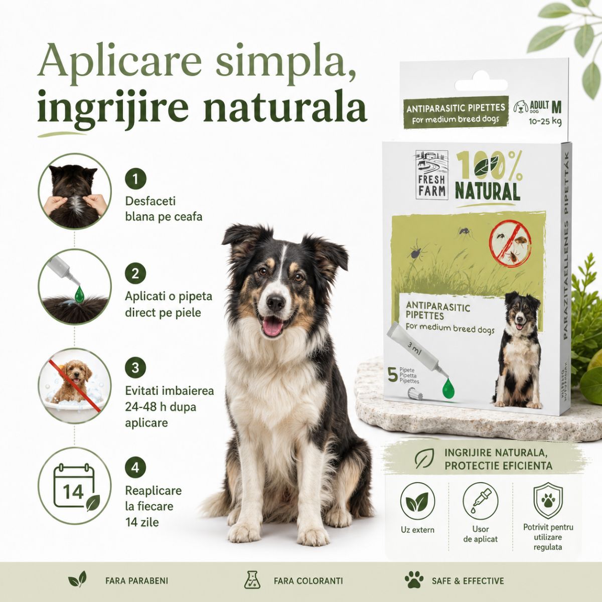FRESH FARM, deparazitare externă naturală câini, pipetă repelentă FRESH FARM, deparazitare externă naturală câini, M, pipetă repelentă, 3ml x 5buc - poza 5