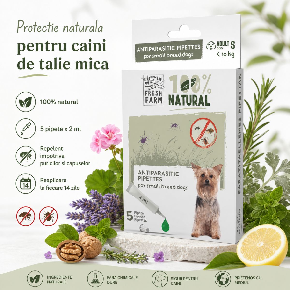 FRESH FARM, deparazitare externă naturală câini, pipetă repelentă FRESH FARM, deparazitare externă naturală câini, XS-S, pipetă repelentă, 2ml x 5buc - poza 3
