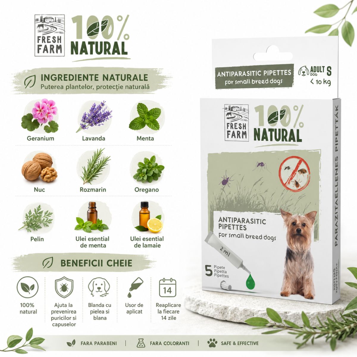 FRESH FARM, deparazitare externă naturală câini, pipetă repelentă FRESH FARM, deparazitare externă naturală câini, XS-S, pipetă repelentă, 2ml x 5buc - poza 4