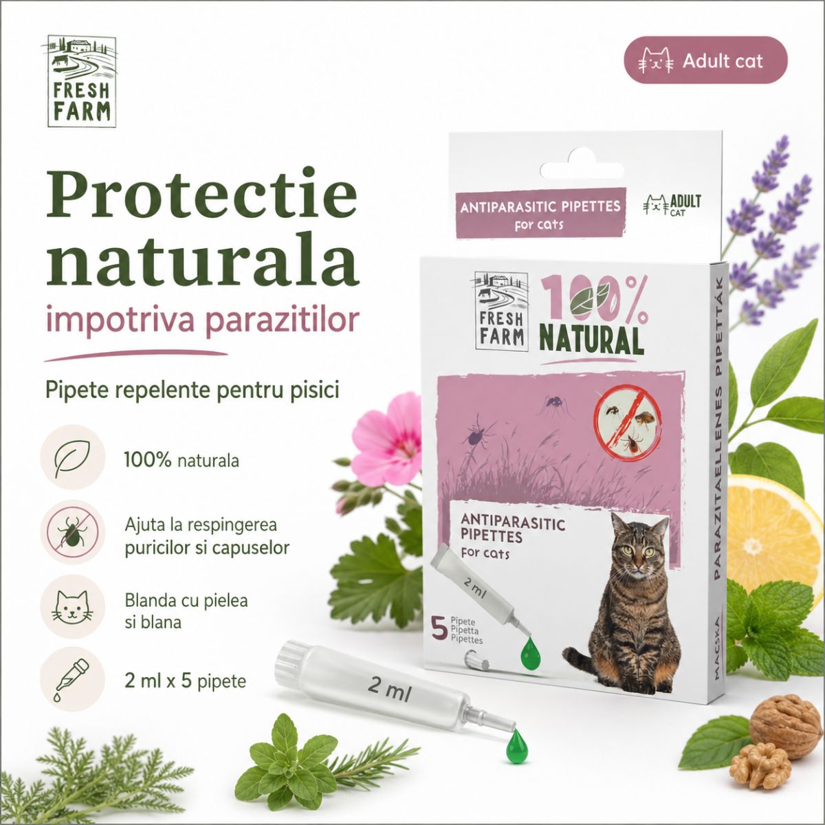 FRESH FARM, deparazitare externă naturală pisici, pipetă repelentă, 2ml x 5buc - poza 3