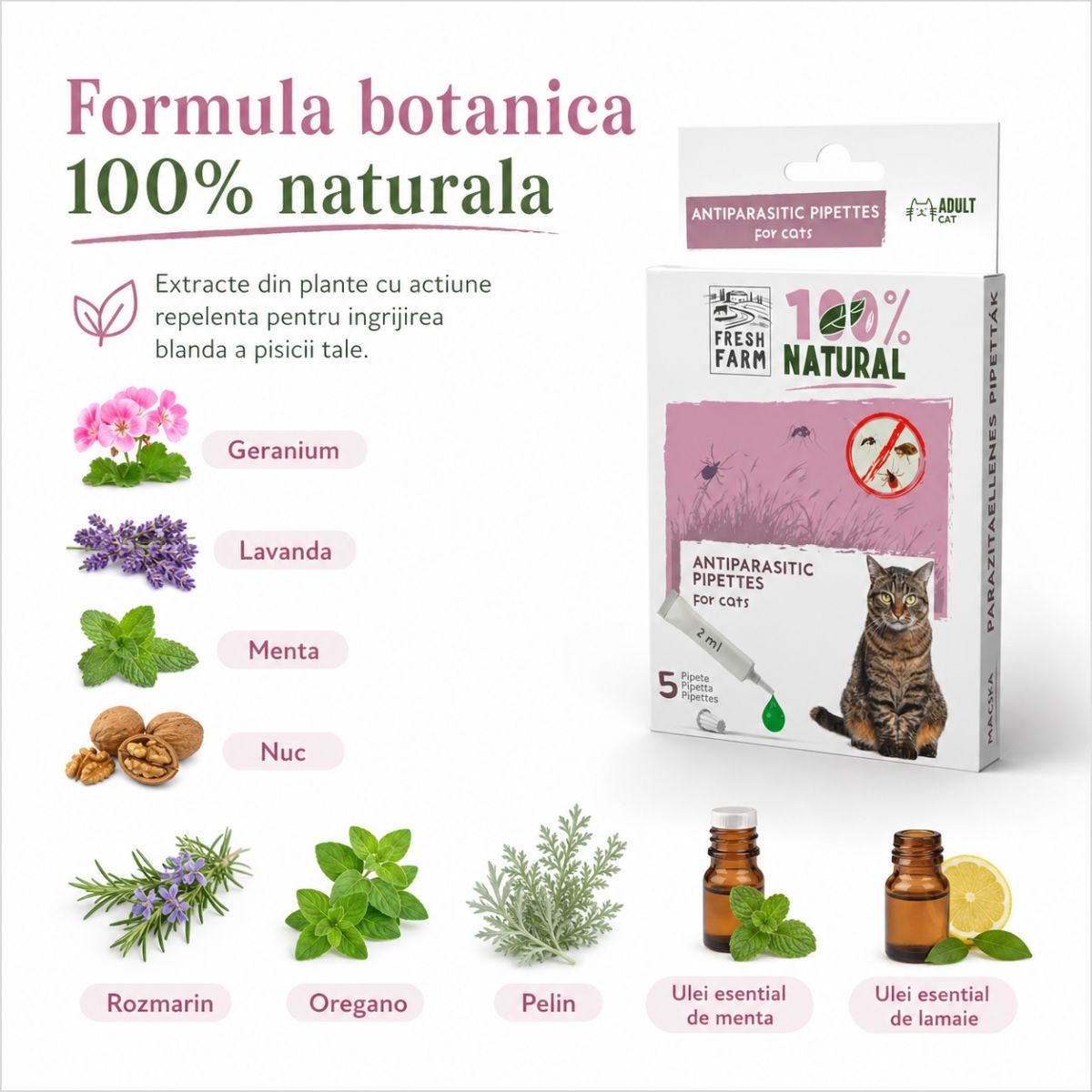 FRESH FARM, deparazitare externă naturală pisici, pipetă repelentă, 2ml x 5buc - poza 4