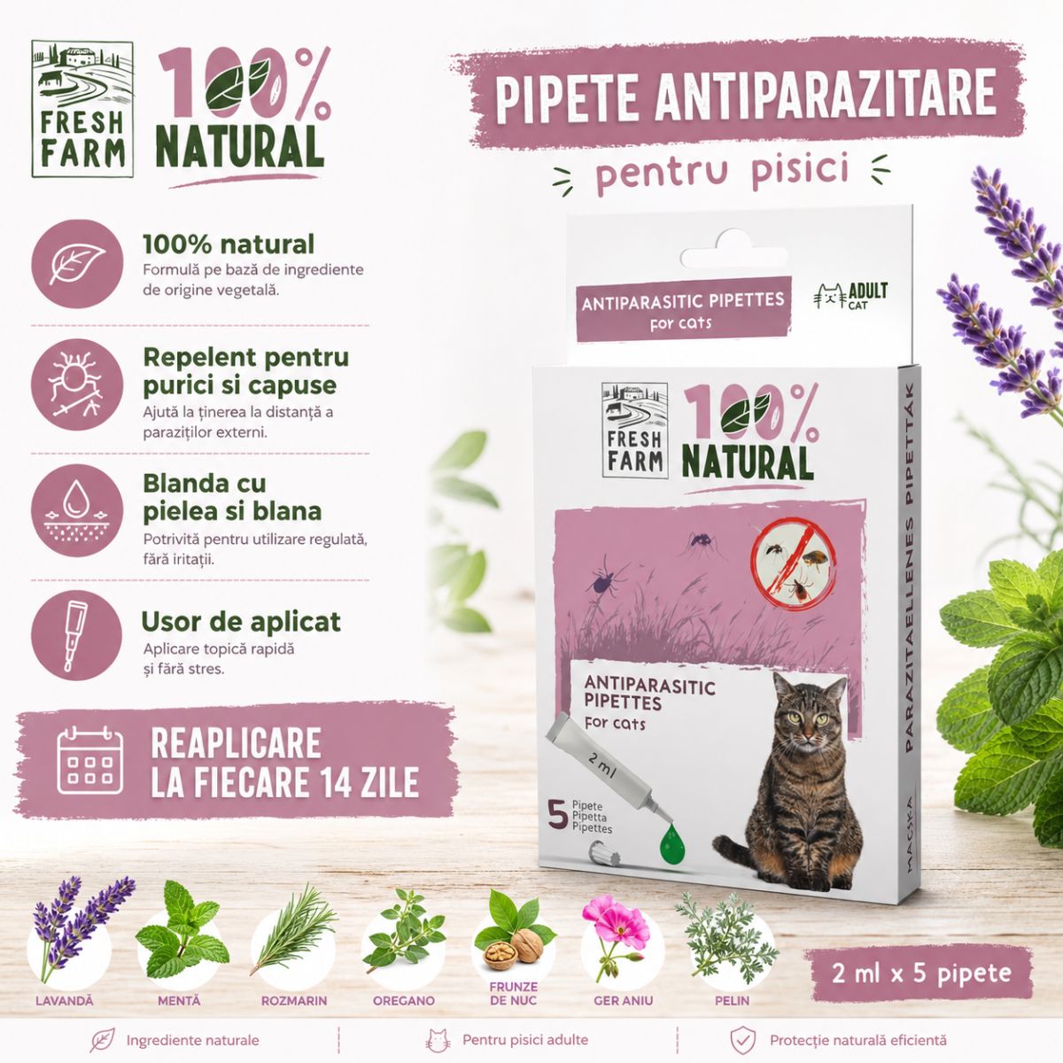 FRESH FARM, deparazitare externă naturală pisici, pipetă repelentă, 2ml x 5buc - poza 5