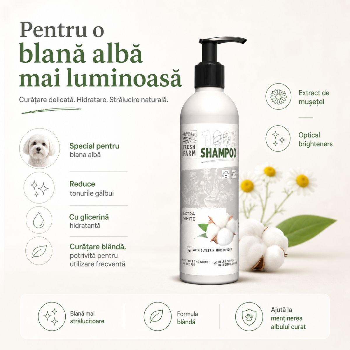 FRESH FARM Extra White, XS-XL, șampon câini, blană albă, flacon, 250ml - poza 3