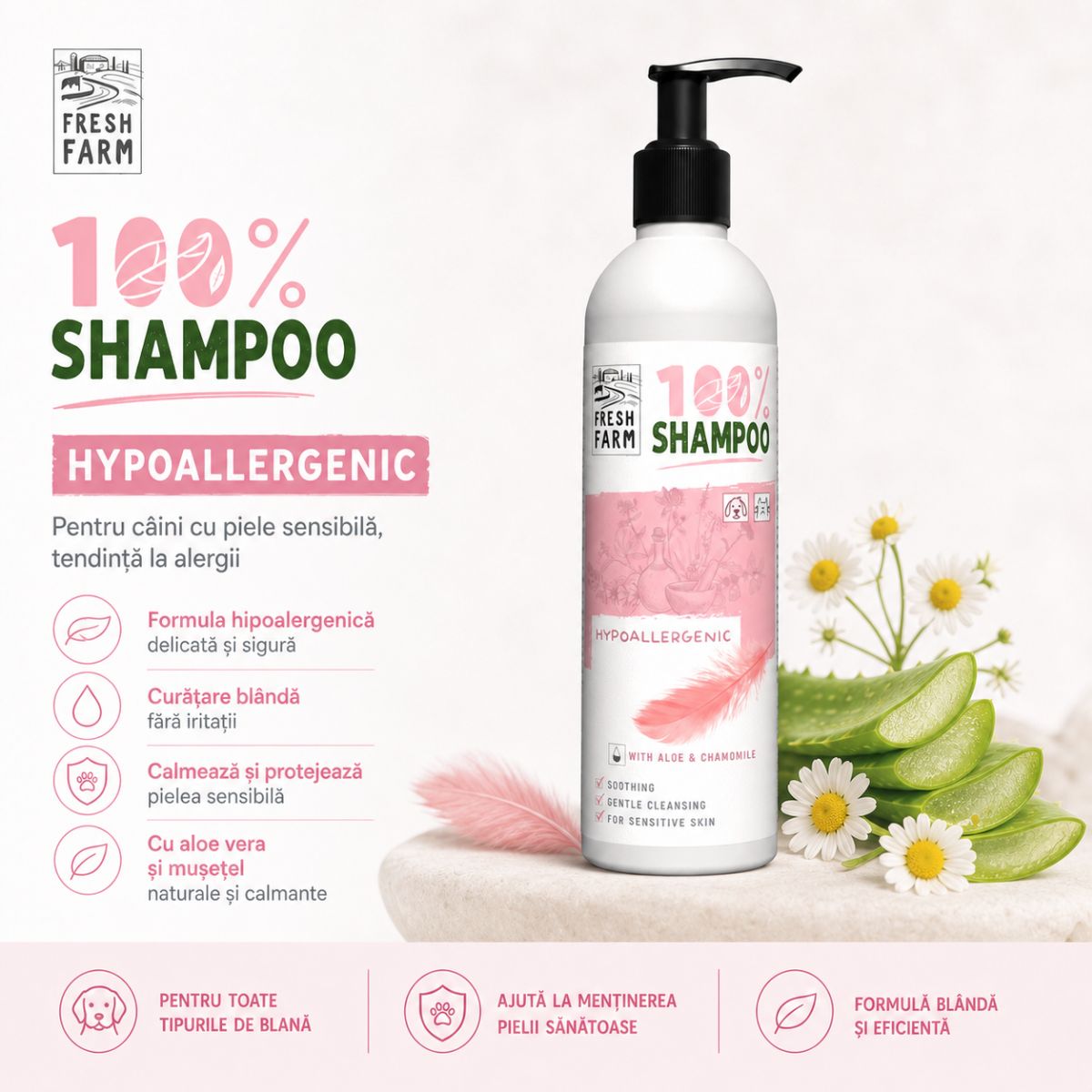 FRESH FARM Hypoalergenic, XS-XL, șampon câini, hipoalergenic, flacon, 250ml - poza 3