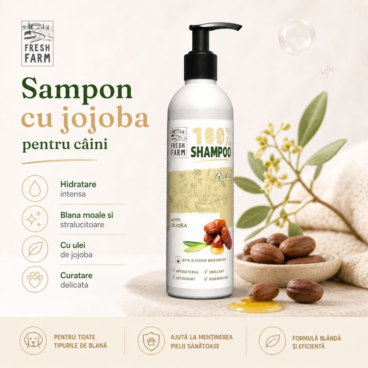 FRESH FARM Jojoba, XS-XL, șampon câini, flacon, 250ml - poza 3