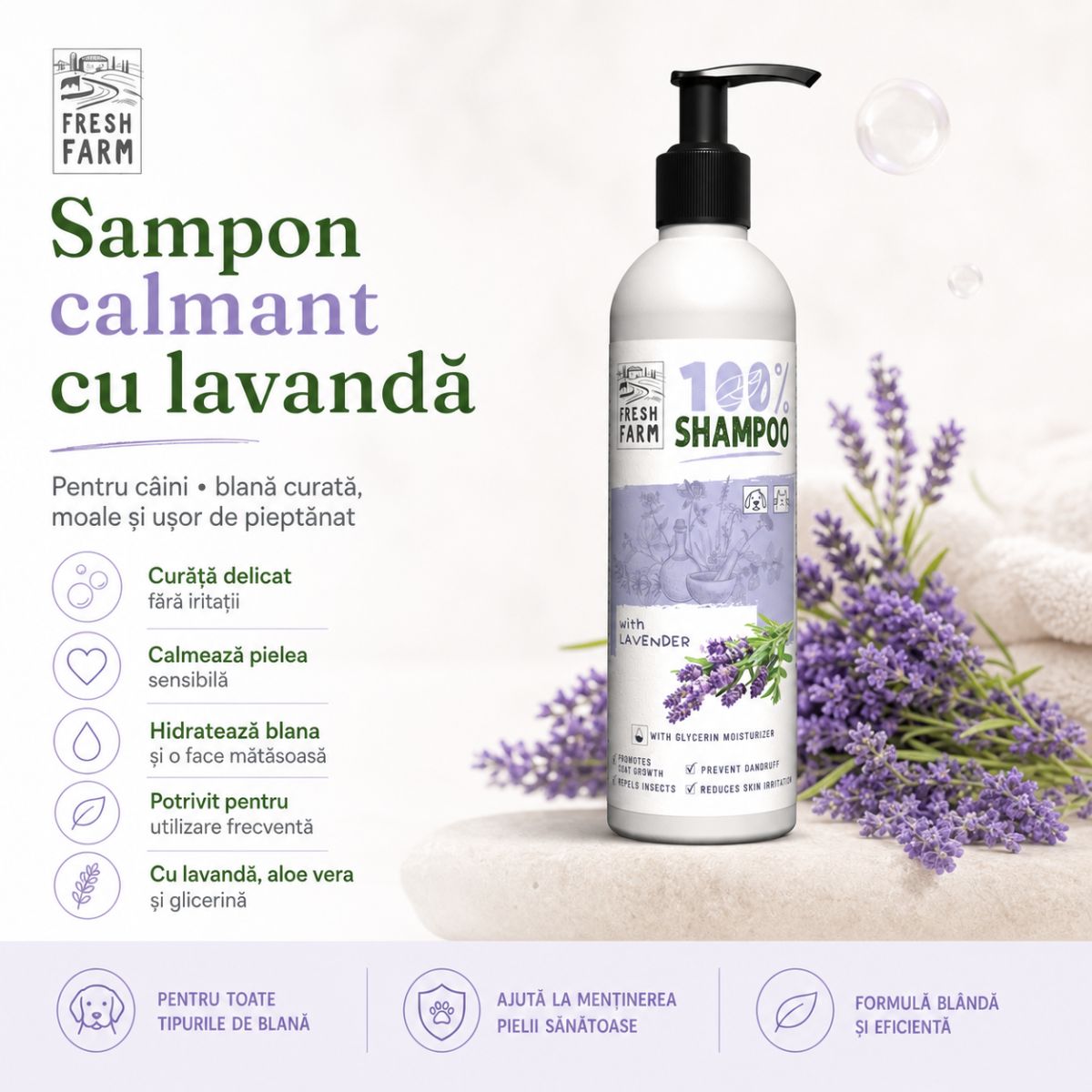 FRESH FARM Lavanda, XS-XL, șampon câini, calmant, flacon, 250ml - poza 3