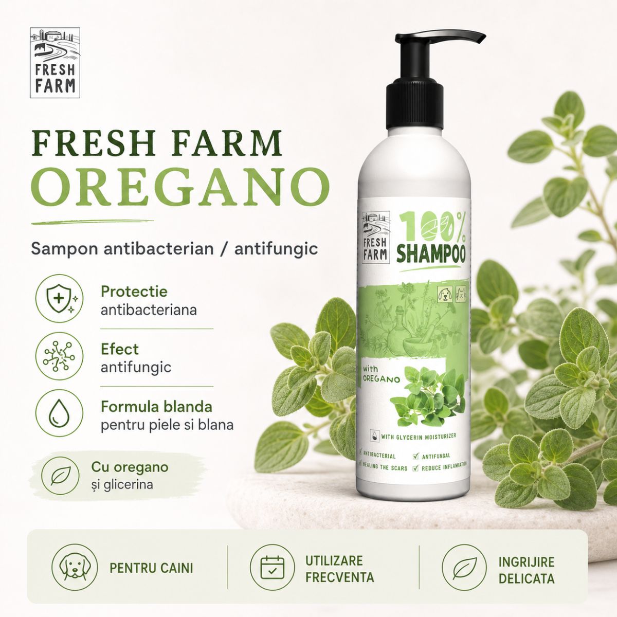 FRESH FARM Oregano, XS-XL, șampon câini, antibacterian / antifungic, flacon, 250ml - poza 3