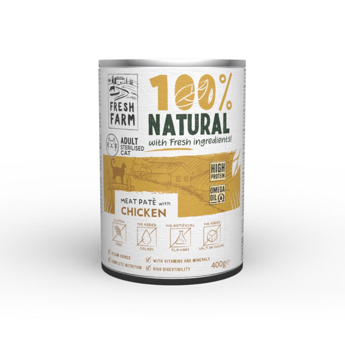 FRESH FARM Smooth Sterilised, Pui, conservă hrană umedă pisici sterilizate, (pate), 400g - poza 1
