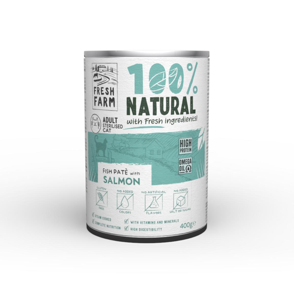 FRESH FARM Smooth Sterilised, Somon, conservă hrană umedă pisici sterilizate, (pate), 400g - poza 1
