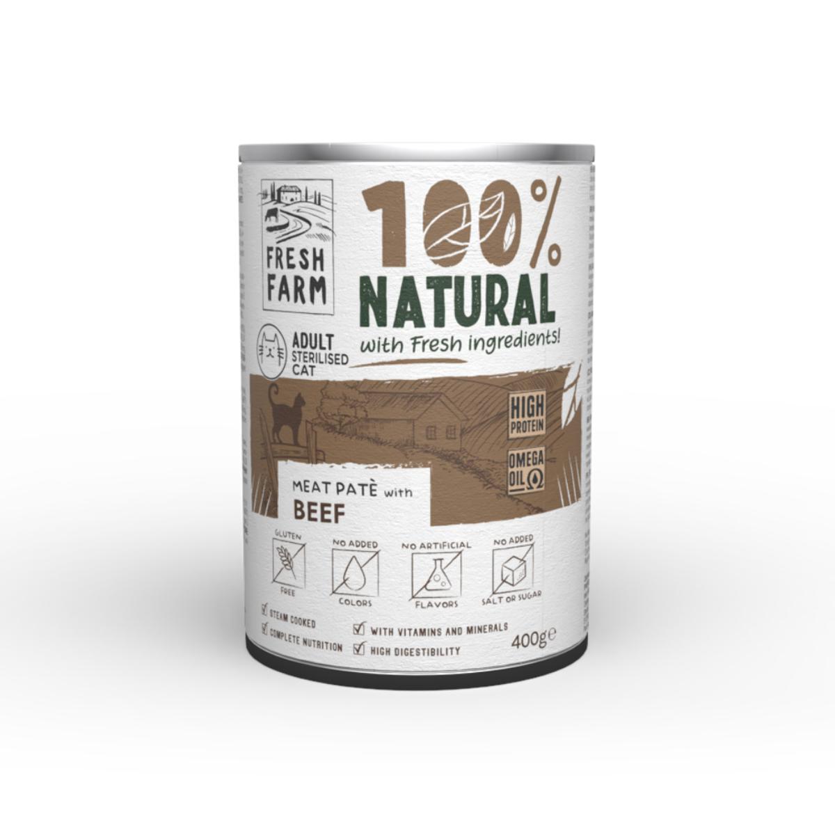 FRESH FARM Smooth Sterilised, Vită, conservă hrană umedă pisici sterilizate, (pate), 400g - poza 1