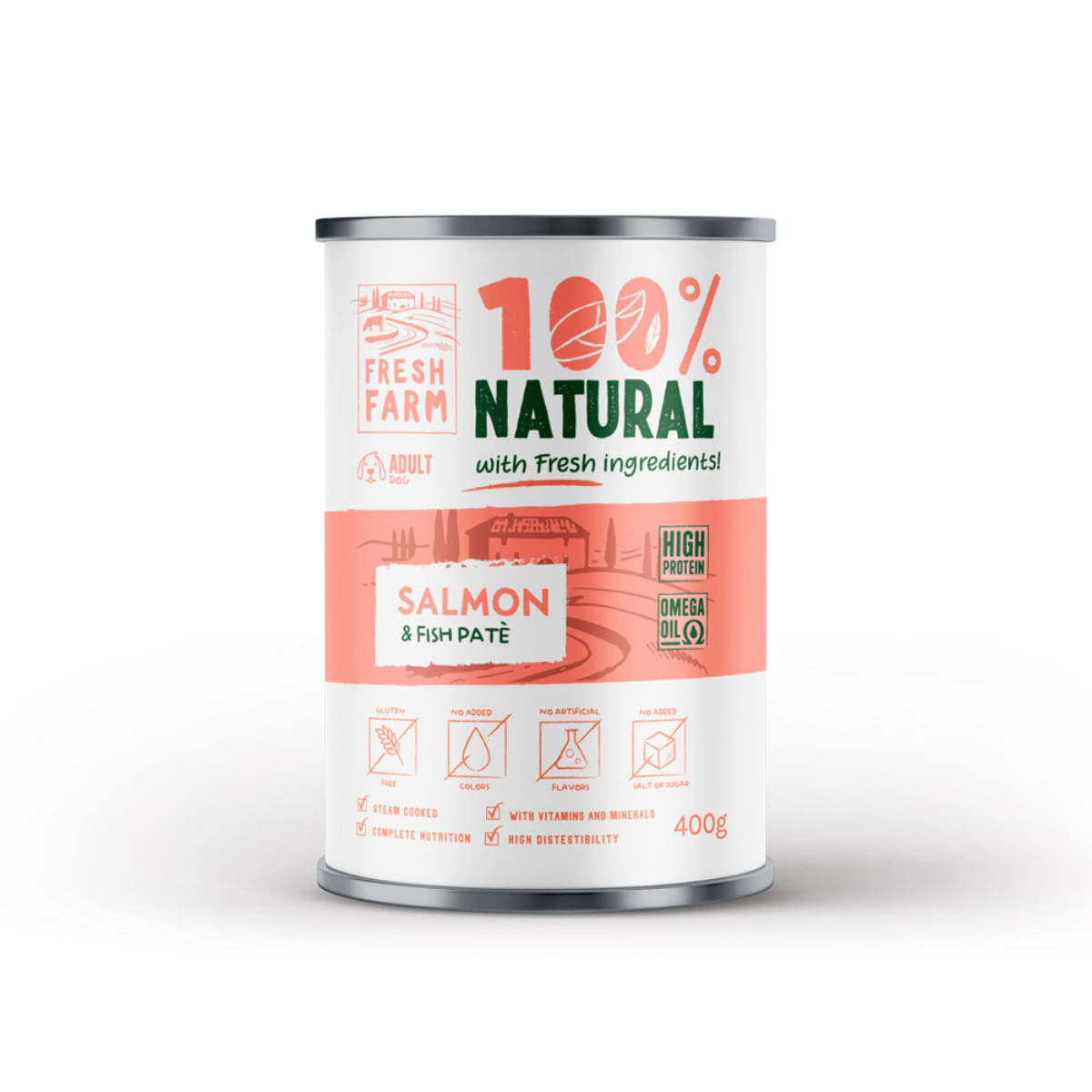FRESH FARM Smooth, XS-XL, Pește și Somon, conservă hrană umedă câini, (pate), 400g - poza 1