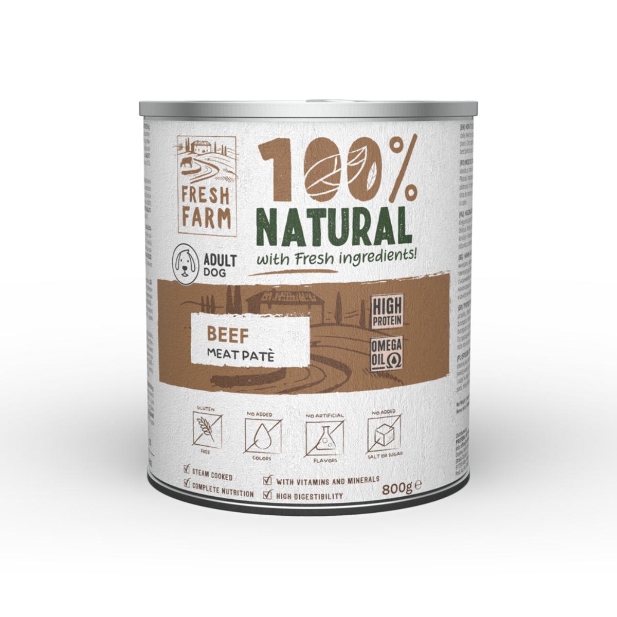 FRESH FARM Smooth, XS-XL, Vită, conservă hrană umedă câini, (pate), 800g