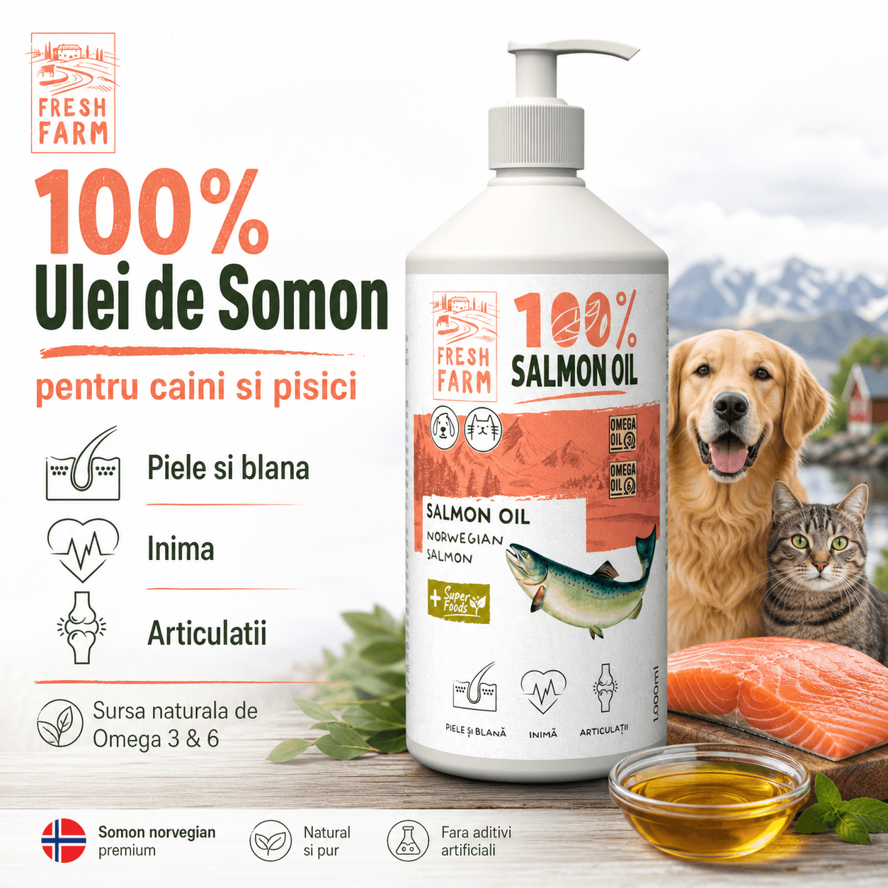 FRESH FARM Ulei de Somon, supliment piele & blană, sistem cardio-vascular câini, ulei FRESH FARM Ulei de Somon, XS-XL, supliment piele & blană, sistem cardio-vascular câini și pisici, flacon, 250ml ulei - poza 5