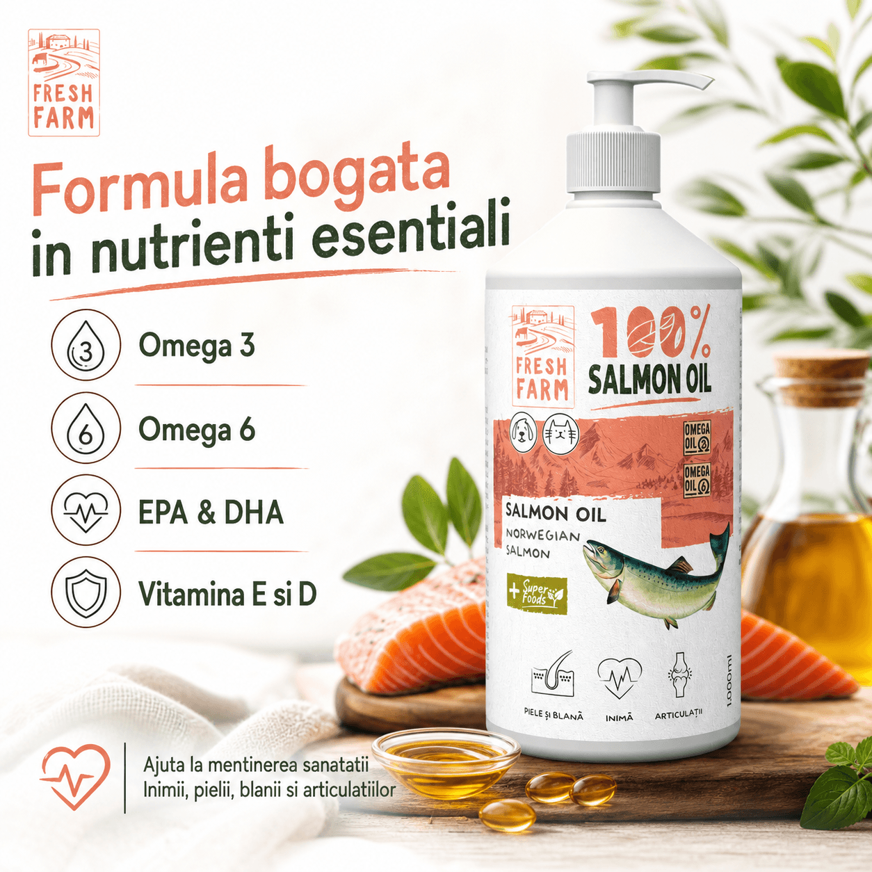 FRESH FARM Ulei de Somon, supliment piele & blană, sistem cardio-vascular câini, ulei FRESH FARM Ulei de Somon, XS-XL, supliment piele & blană, sistem cardio-vascular câini și pisici, flacon, 1l ulei - poza 3