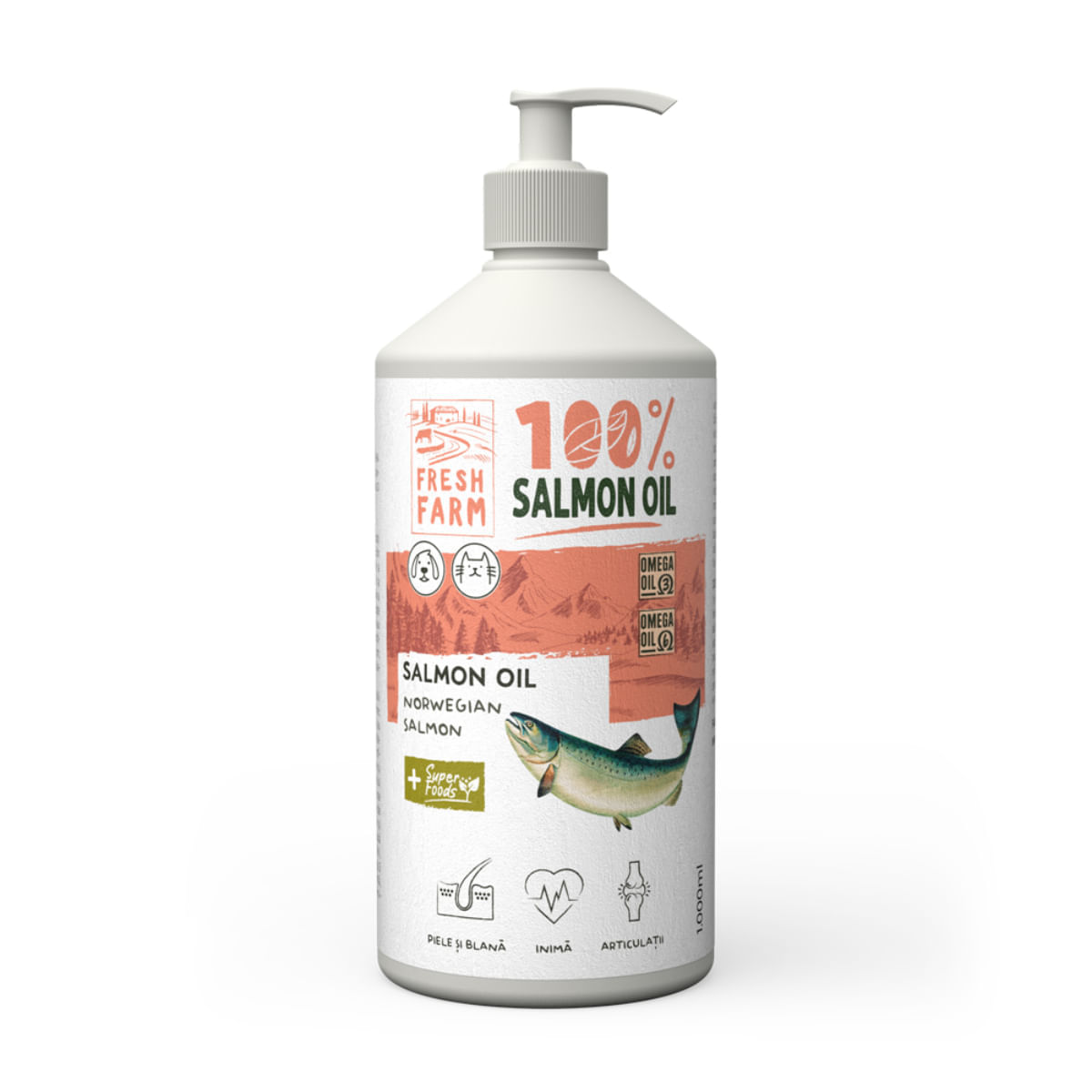 FRESH FARM Ulei de Somon, supliment piele & blană, sistem cardio-vascular câini, ulei FRESH FARM Ulei de Somon, XS-XL, supliment piele & blană, sistem cardio-vascular câini și pisici, flacon, 500ml ulei - poza 1